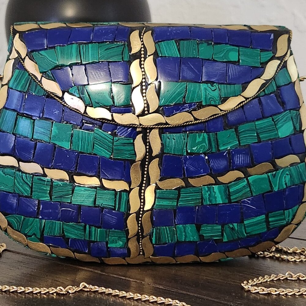 RAMLA Moroccan Mosaic Bag- Blue, Green, & Gold - Picture 2 of 10